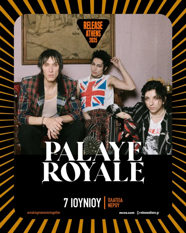 💥Το Release Athens 2025 υποδέχεται τους @palayeroyale, το Σάββατο 7 Ιουνίου, στην Πλατεία Νερού!

🎸Τα τρία αδέρφια από το Λας Βέγκας με το φανατικό κοινό στην Ελλάδα, θα συνοδεύσουν τους headliners, Avenged Sevenfold, σε διάφορες στάσεις της ευρωπαϊκής τους περιοδείας & μαζί θα απογειώσουν την εναρκτήρια βραδιά της φετινής διοργάνωσης.

🎫Η διάθεση των εισιτηρίων συνεχίζεται.

⚠️ΠΡΟΣΟΧΗ
Αποκλειστικός πάροχος εισιτηρίων του Release Athens Festival είναι η more.com & το δίκτυο συνεργατών της.

❌Μην προβείτε σε αγορά από οποιαδήποτε άλλη online υπηρεσία διάθεσης εισιτηρίων, κυρίως του εξωτερικού (όπως Viagogo/StubHub/Ticombo).

#releaseathens25 #avengedsevenfold #palayeroyale #makingmemoriestogether #naeisaiekei